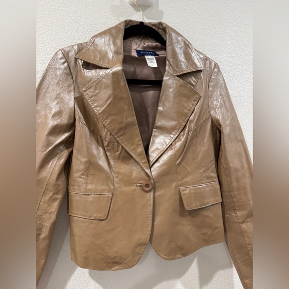 Vintage Guess Jeans 100% Leather Shiny Tan Collared Y2K Jacket Size Large - Picture 5 of 13